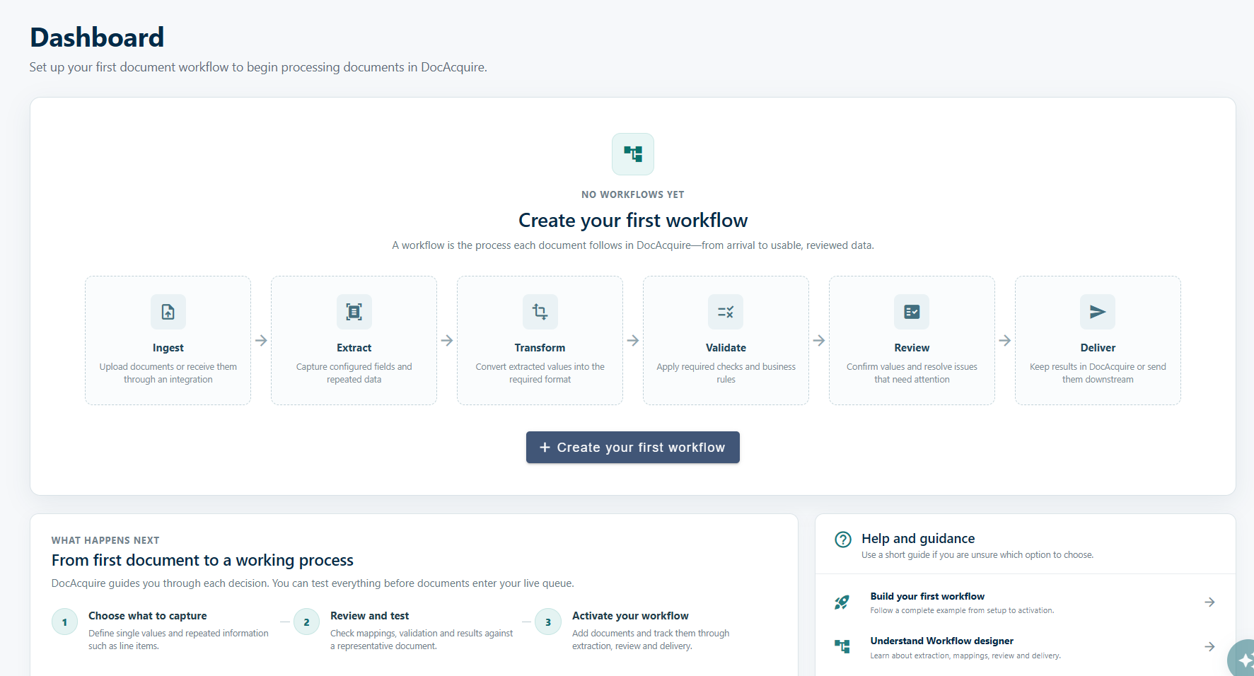 Actual DocAcquire starting dashboard, before a workflow is configured, with Create your first workflow and setup guidance.